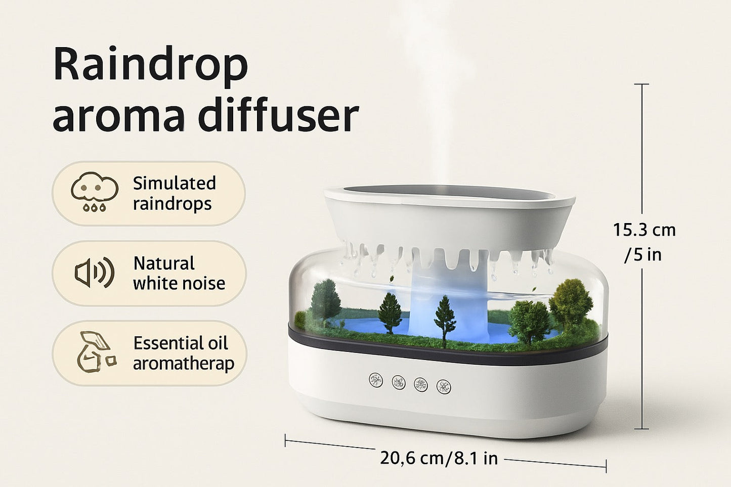 Heylovely Raindrop Cool Mist Humidifier & Aroma Diffuser – Smart White Noise Design